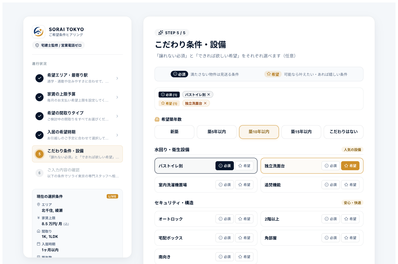 希望条件ヒアリングポータル STEP5 こだわり設備選択画面